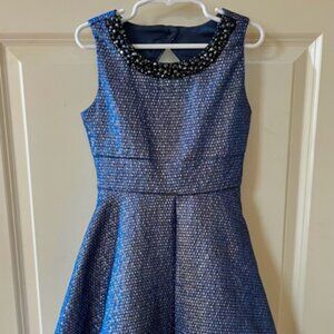 RARE EDITIONS: YOUTH GIRLS BEADED NAVY & SILVER SPARKLE OCCASION DRESS-SIZE 7